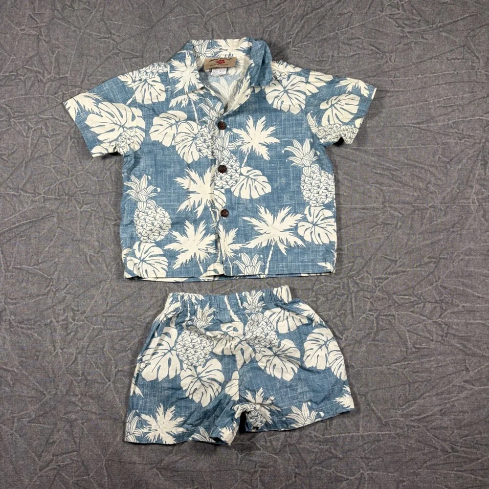 Hawaii Station Kids Blue Pineapple Aloha Shirt and Shorts Set Size 1-2 Hawaii
